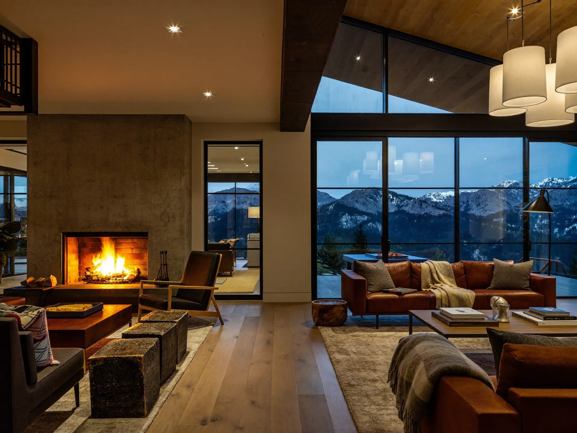 A cozy living room, warm by the fireplace and cool by the windows